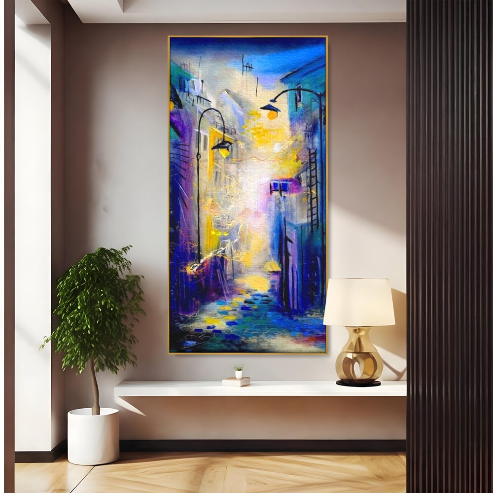 Tablou canvas cu pictura stradala cu iluminat nocturn, in rama de aluminiu auriu